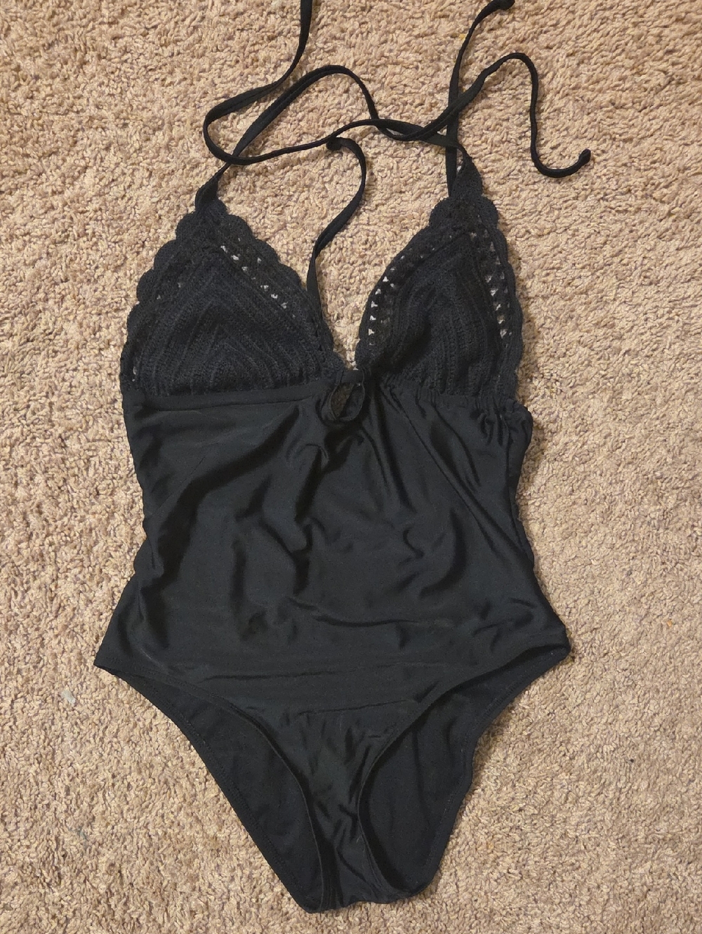 Black Lace-Trim Halter Swimsuit